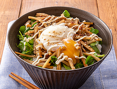 新ごぼうとひき肉の甘辛炒め丼